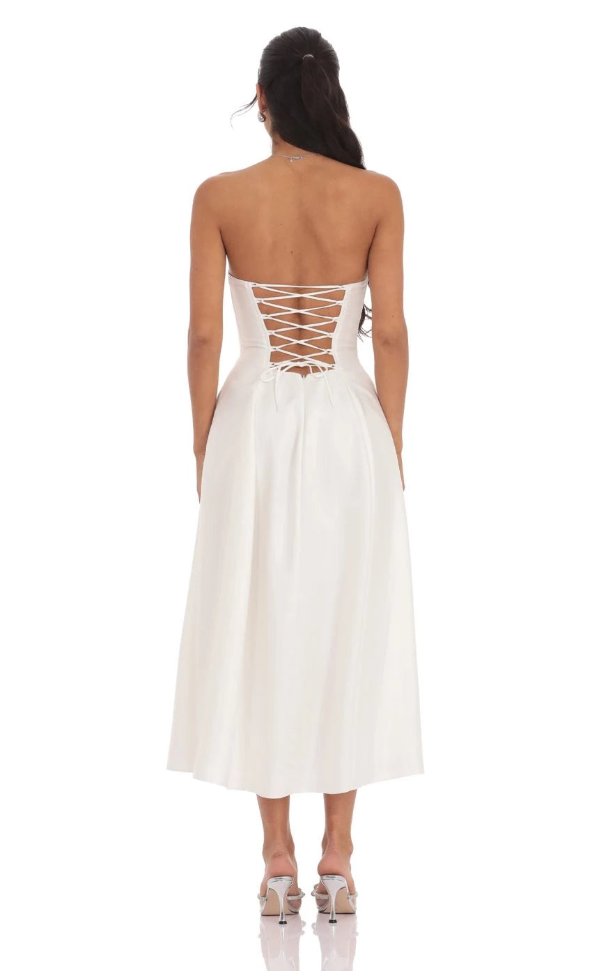 Glamorous Ball Gown Strapless Sleeveless Lace - Up Back Midi Length Prom Dresses