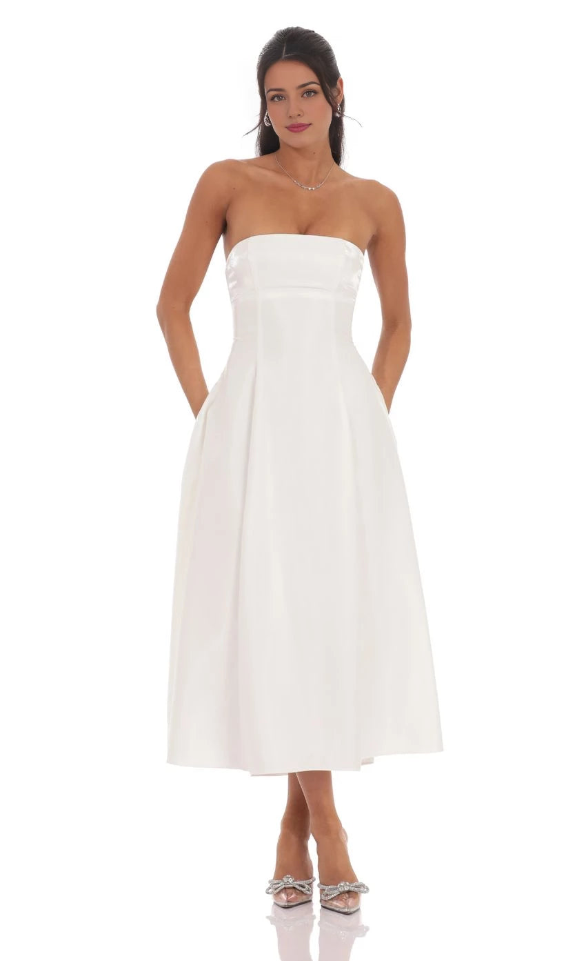 Glamorous Ball Gown Strapless Sleeveless Lace - Up Back Midi Length Prom Dresses