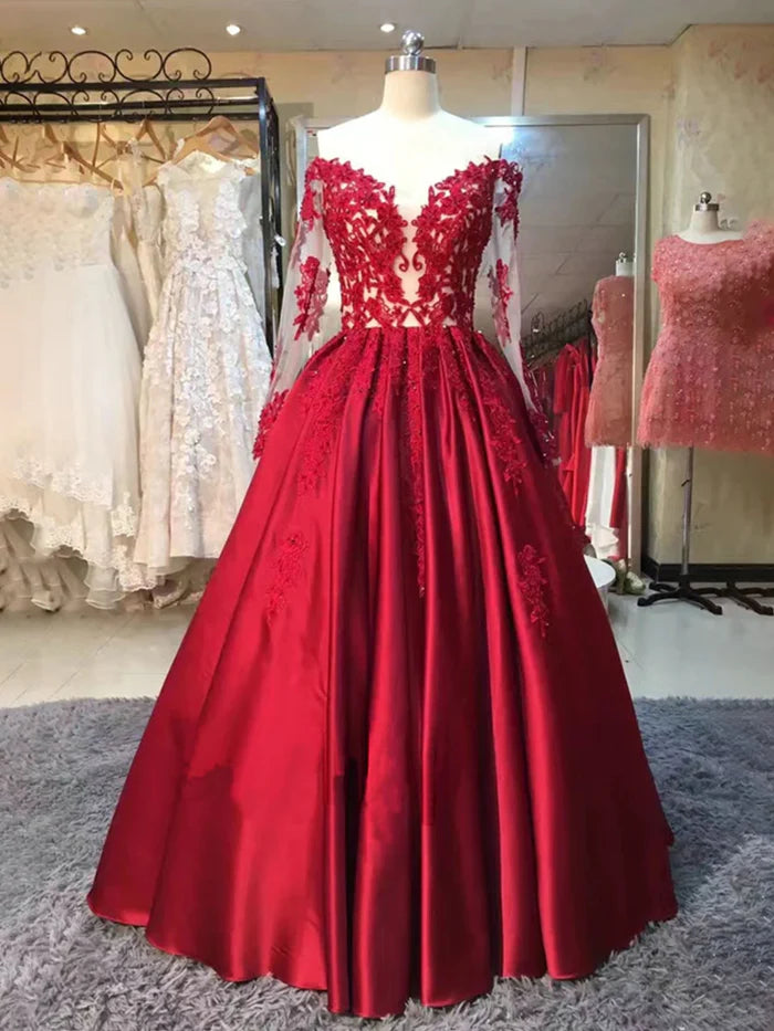 Glamorous Ball Gown Sweetheart Illusion Long Sleeve Zipper Back Long Length Prom Dresses
