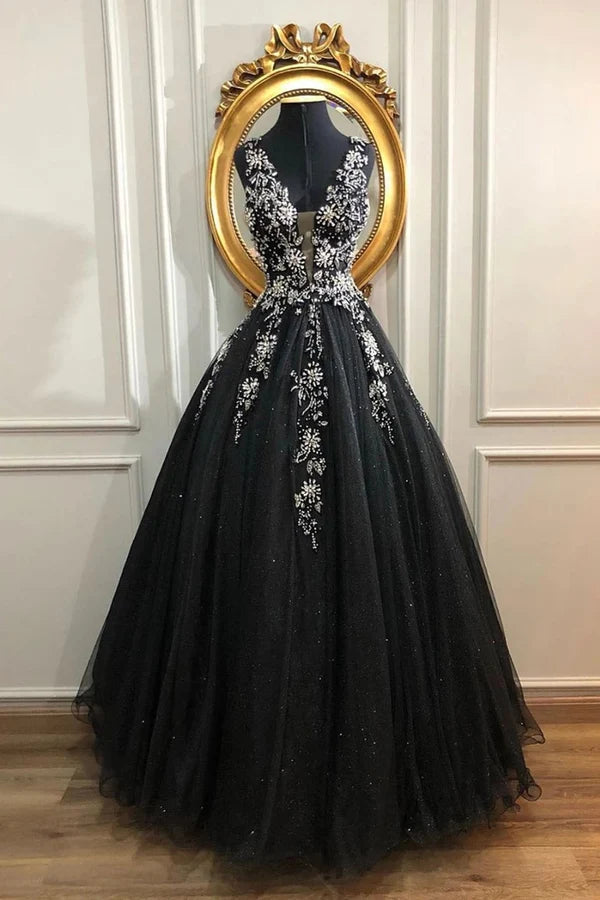 Glamorous Ballgown Deep-V-Neck Crystal-Embellished Spaghetti-Strap Floor-Length Evening Dresses