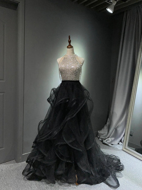 Glamorous Ballgown Halter-Neck Sequin-Tulle Ruffled-Skirt Back-Zip Train Length Evening Dresses