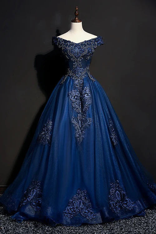Glamorous Ballgown Off-Shoulder Embellished-Lace Lace-Up Back Floor-Length Evening Dresses