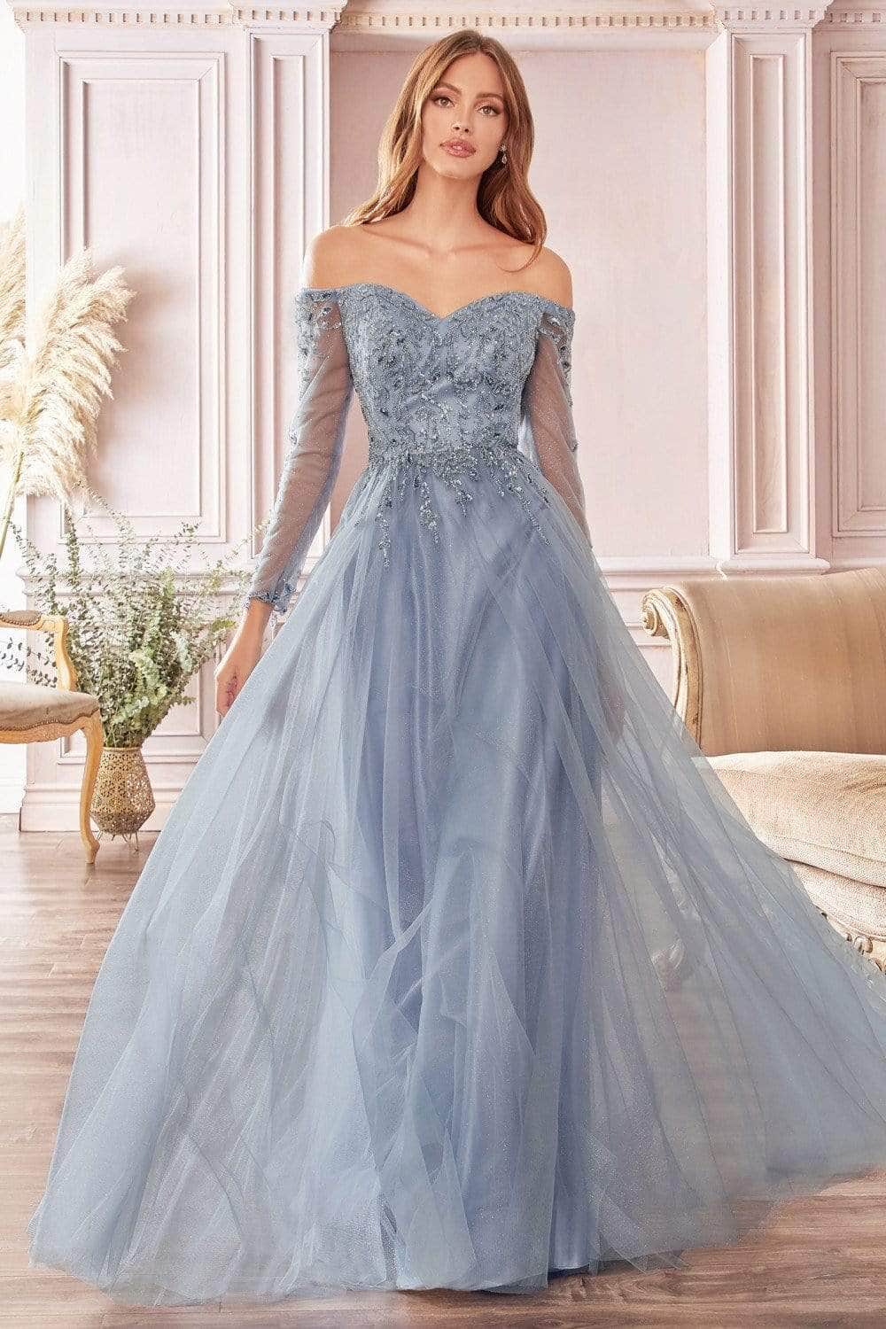Glamorous Ballgown Off-Shoulder Long-Sleeve Open-Back Dusty-Blue Glitter-Tulle Floor-Length Mother of the Bride Dresses