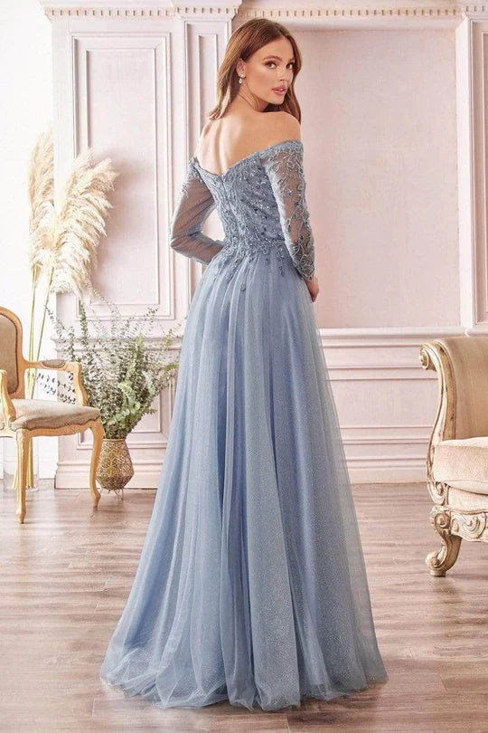 Glamorous Ballgown Off-Shoulder Long-Sleeve Open-Back Dusty-Blue Glitter-Tulle Floor-Length Mother of the Bride Dresses