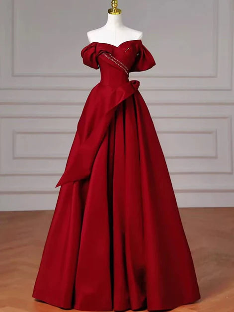 Glamorous Ballgown Off-Shoulder Satin Crystal-Accent Bow-Lace-Up Back Floor-Length Evening Dresses