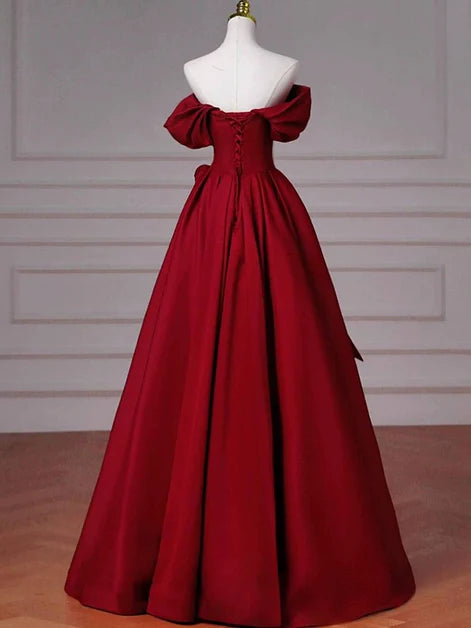 Glamorous Ballgown Off-Shoulder Satin Crystal-Accent Bow-Lace-Up Back Floor-Length Evening Dresses