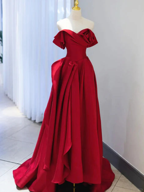 Glamorous Ballgown Off-Shoulder Satin Rose-Appliqué Back-Zip Train Length Evening Dresses