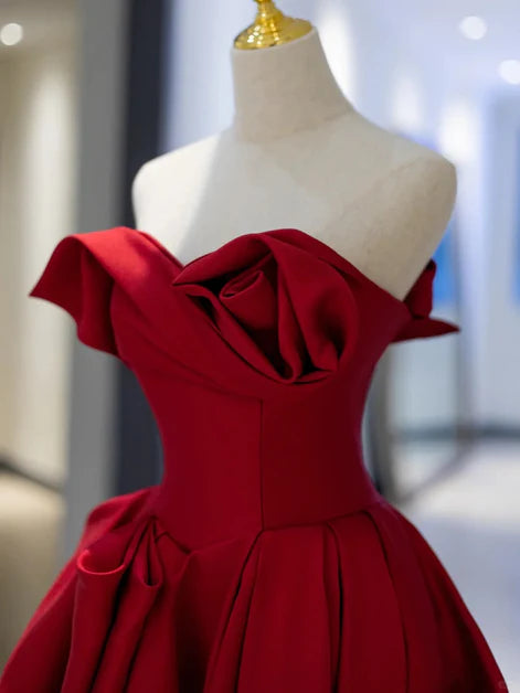 Glamorous Ballgown Off-Shoulder Satin Rose-Appliqué Back-Zip Train Length Evening Dresses