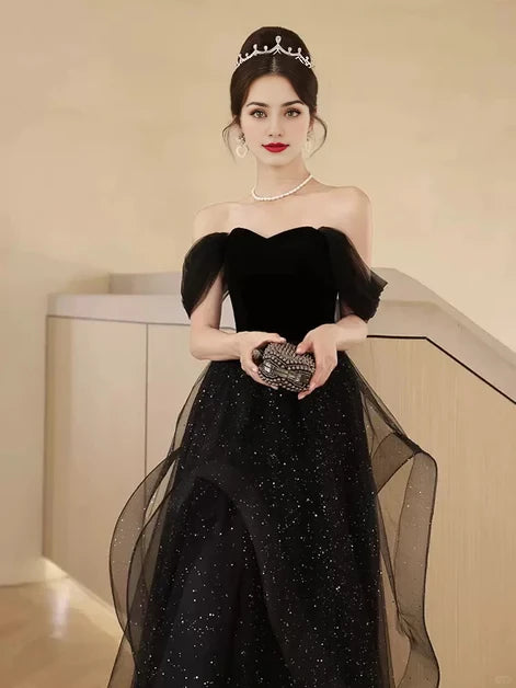 Glamorous Ballgown Off-Shoulder Velvet-Glitter-Tulle Ruffled Back-Zip Floor-Length Evening Dresses