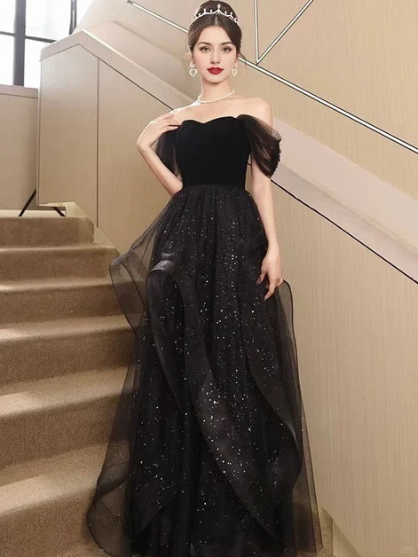 Glamorous Ballgown Off-Shoulder Velvet-Glitter-Tulle Ruffled Back-Zip Floor-Length Evening Dresses