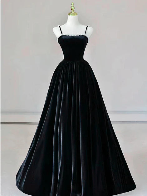 Glamorous Ballgown Spaghetti-Strap Velvet Pearl-Trim Lace-Up Back Floor-Length Evening Dresses