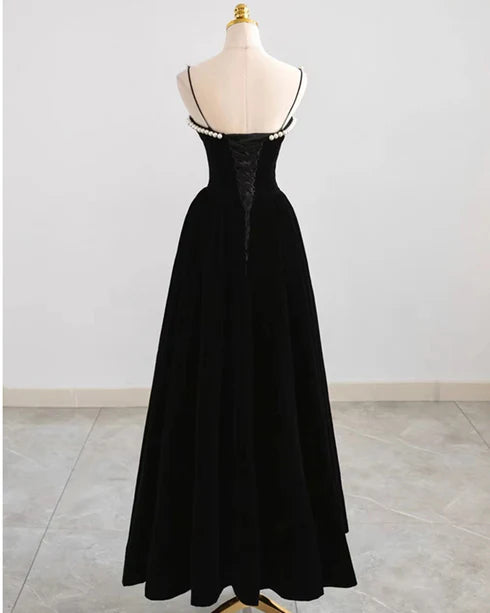 Glamorous Ballgown Spaghetti-Strap Velvet Pearl-Trim Lace-Up Back Floor-Length Evening Dresses