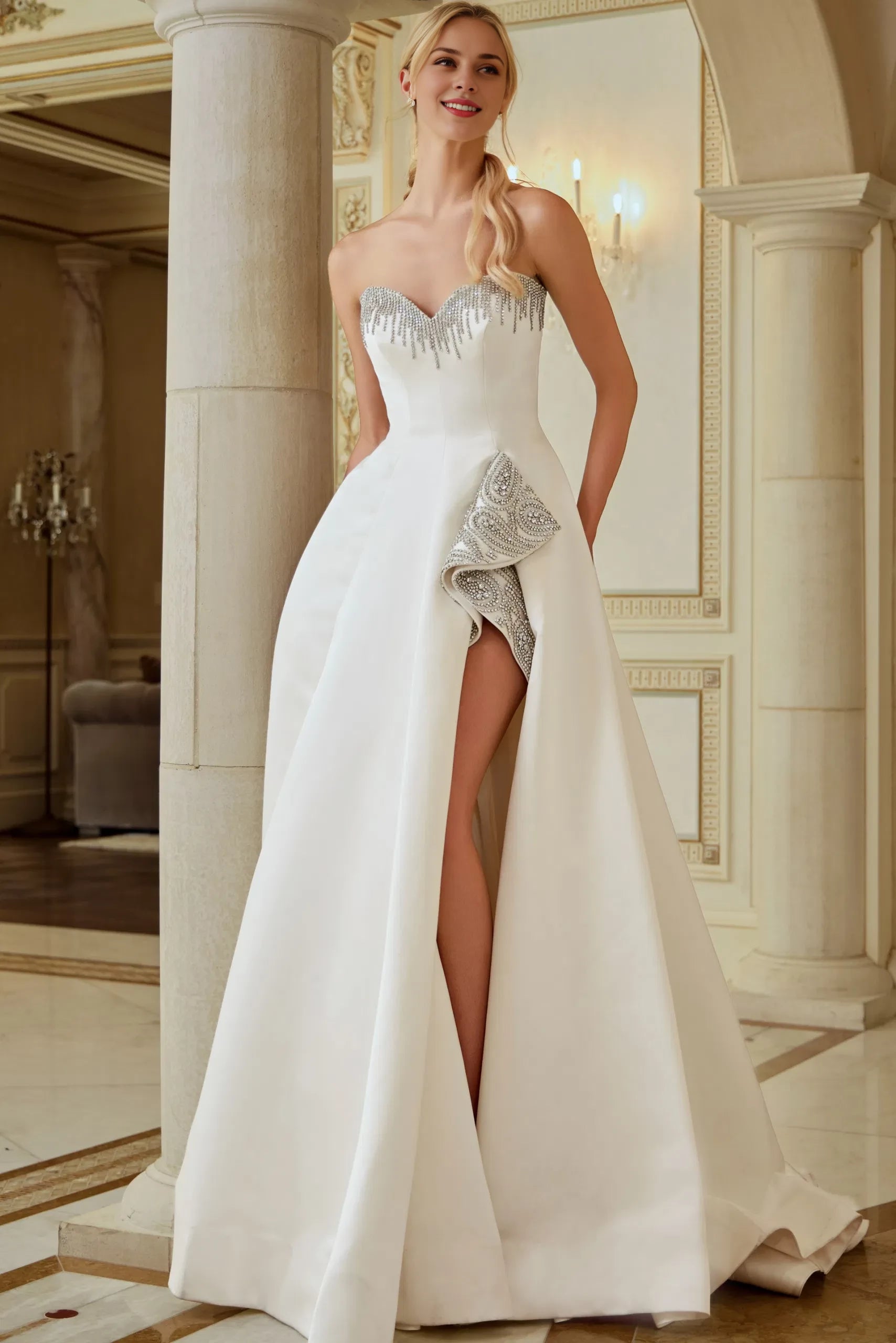 Glamorous Ballgown Strapless Beaded-Detail High-Slit Pearl-Button Back Train Length Wedding Dresses