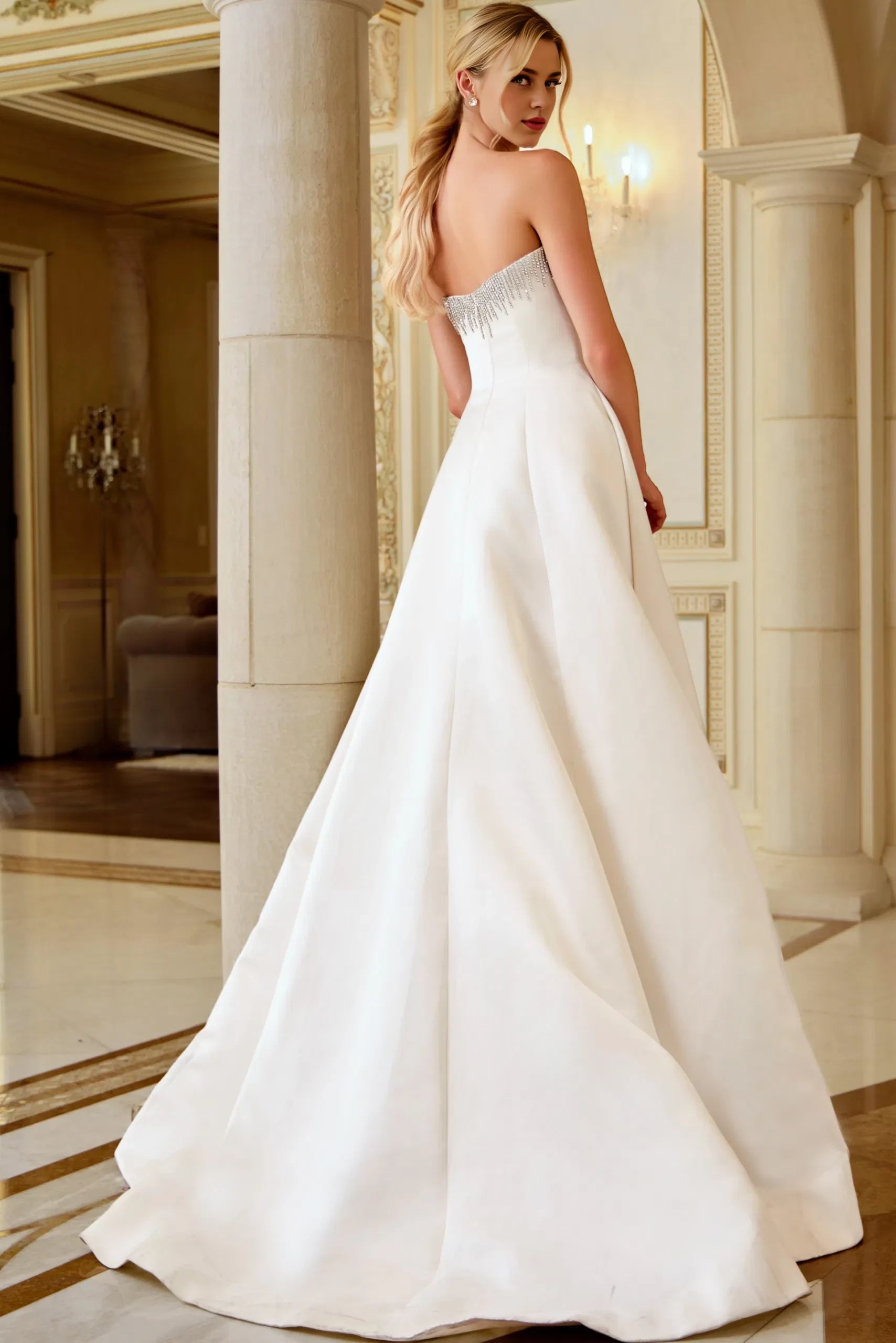 Glamorous Ballgown Strapless Beaded-Detail High-Slit Pearl-Button Back Train Length Wedding Dresses