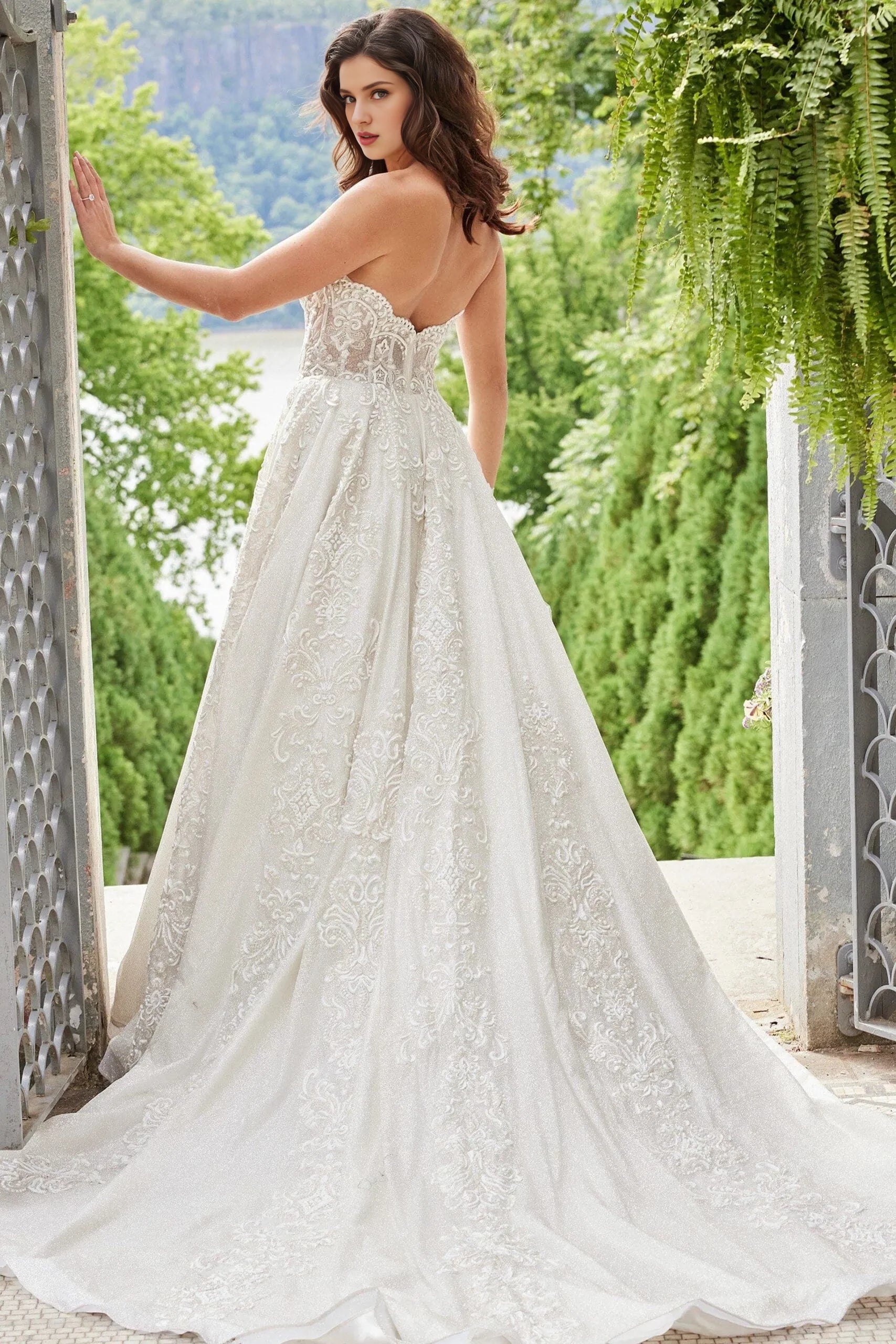 Glamorous Ballgown Strapless Lace-Embellished Pearl-Button Back Train Length Wedding Dresses