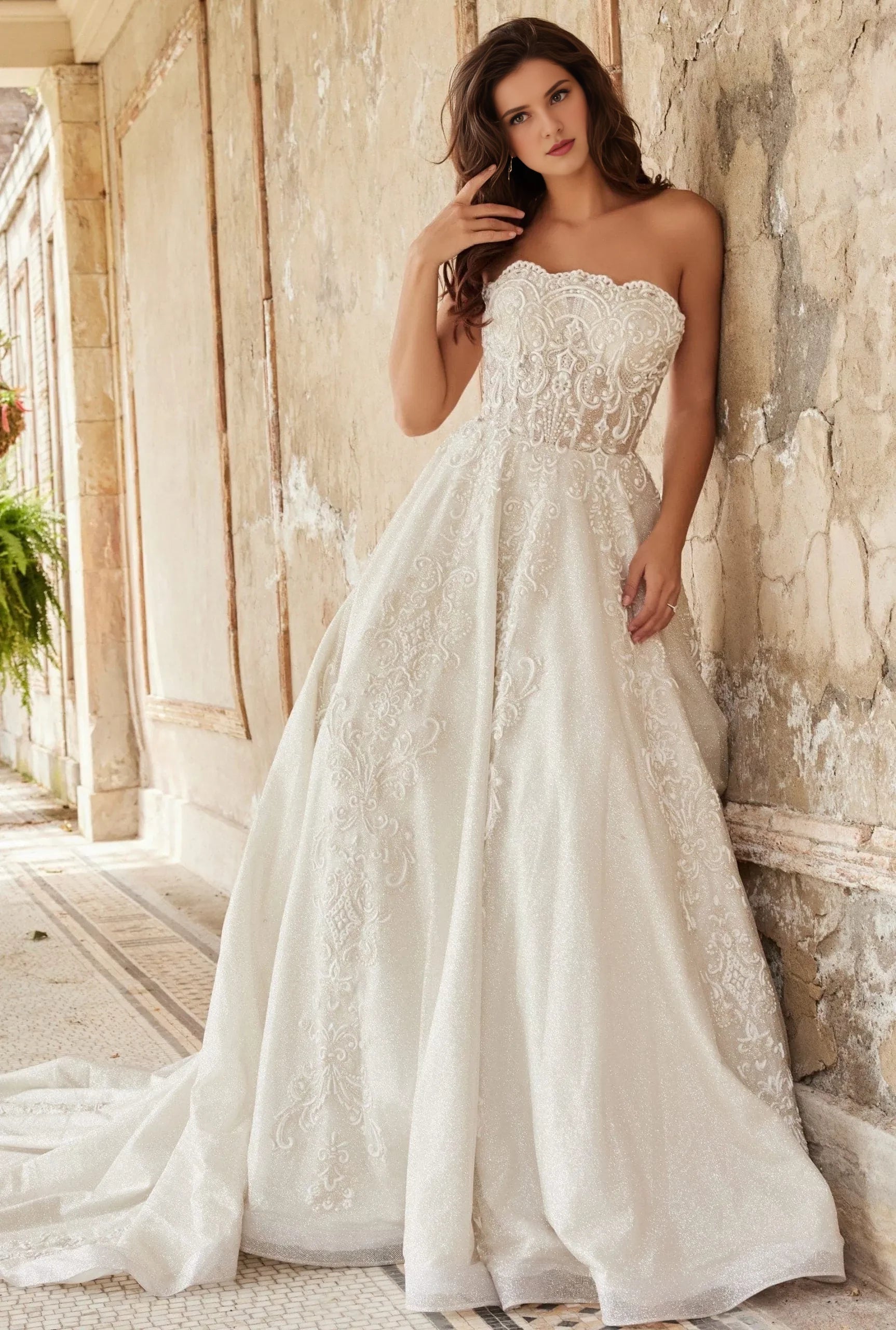 Glamorous Ballgown Strapless Lace-Embellished Pearl-Button Back Train Length Wedding Dresses