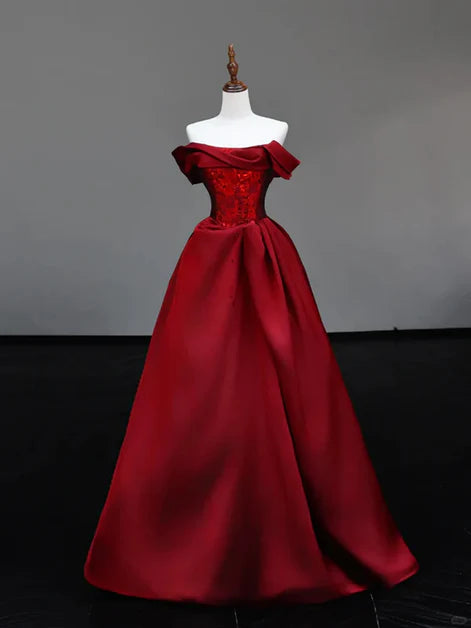 Glamorous Ballgown Strapless Satin Sequin-Accent Ruched Floor-Length Evening Dresses