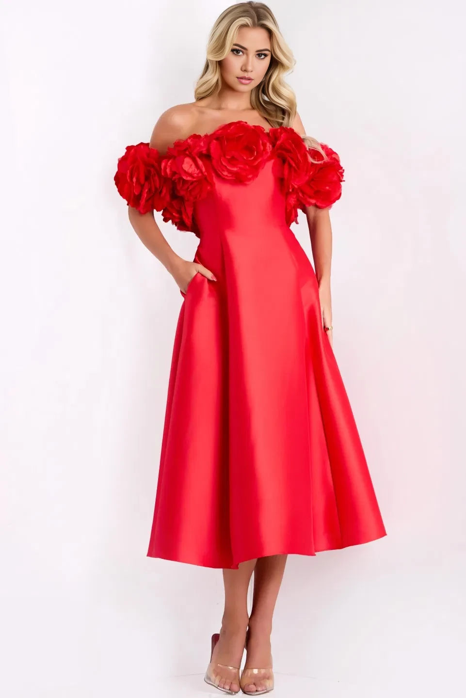 Glamorous Fit & Flare Off-Shoulder 3D Floral Short-Sleeve Midi Length Evening Dresses
