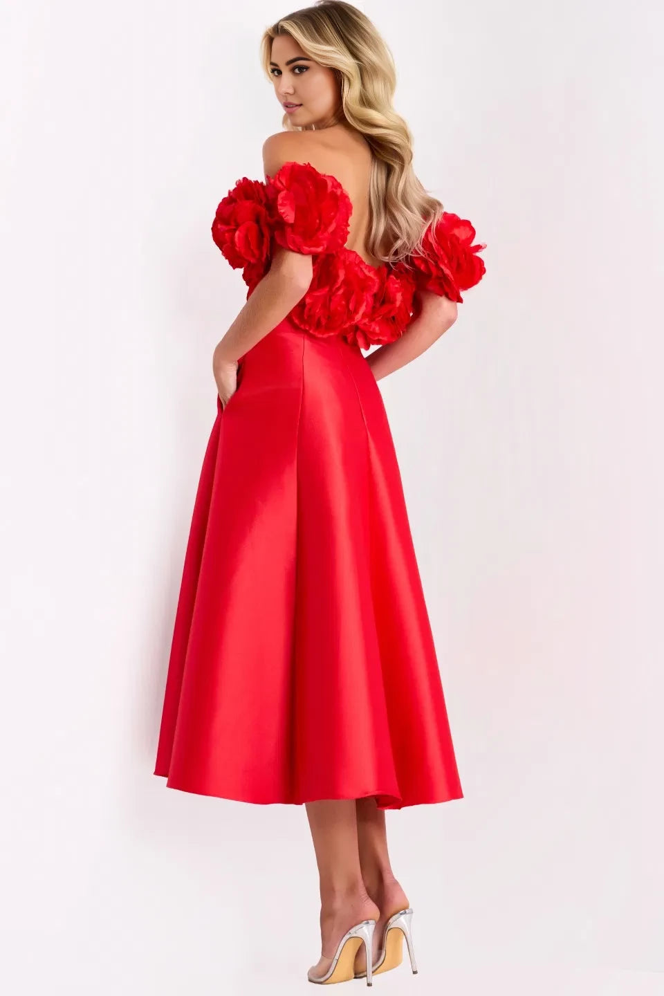 Glamorous Fit & Flare Off-Shoulder 3D Floral Short-Sleeve Midi Length Evening Dresses