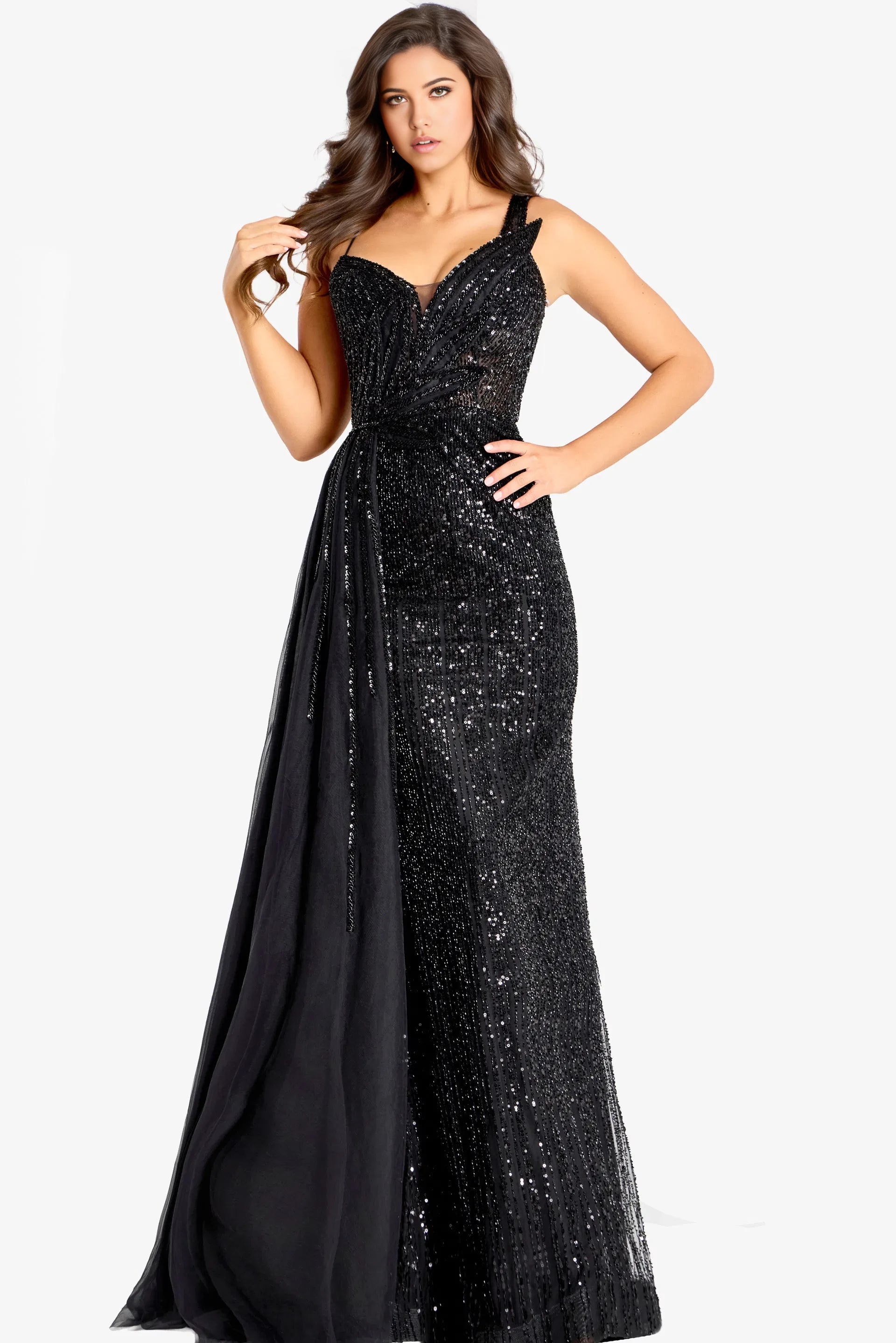 Glamorous Mermaid Asymmetric Neck Sequin-Accent Draped Long Length Evening Dresses