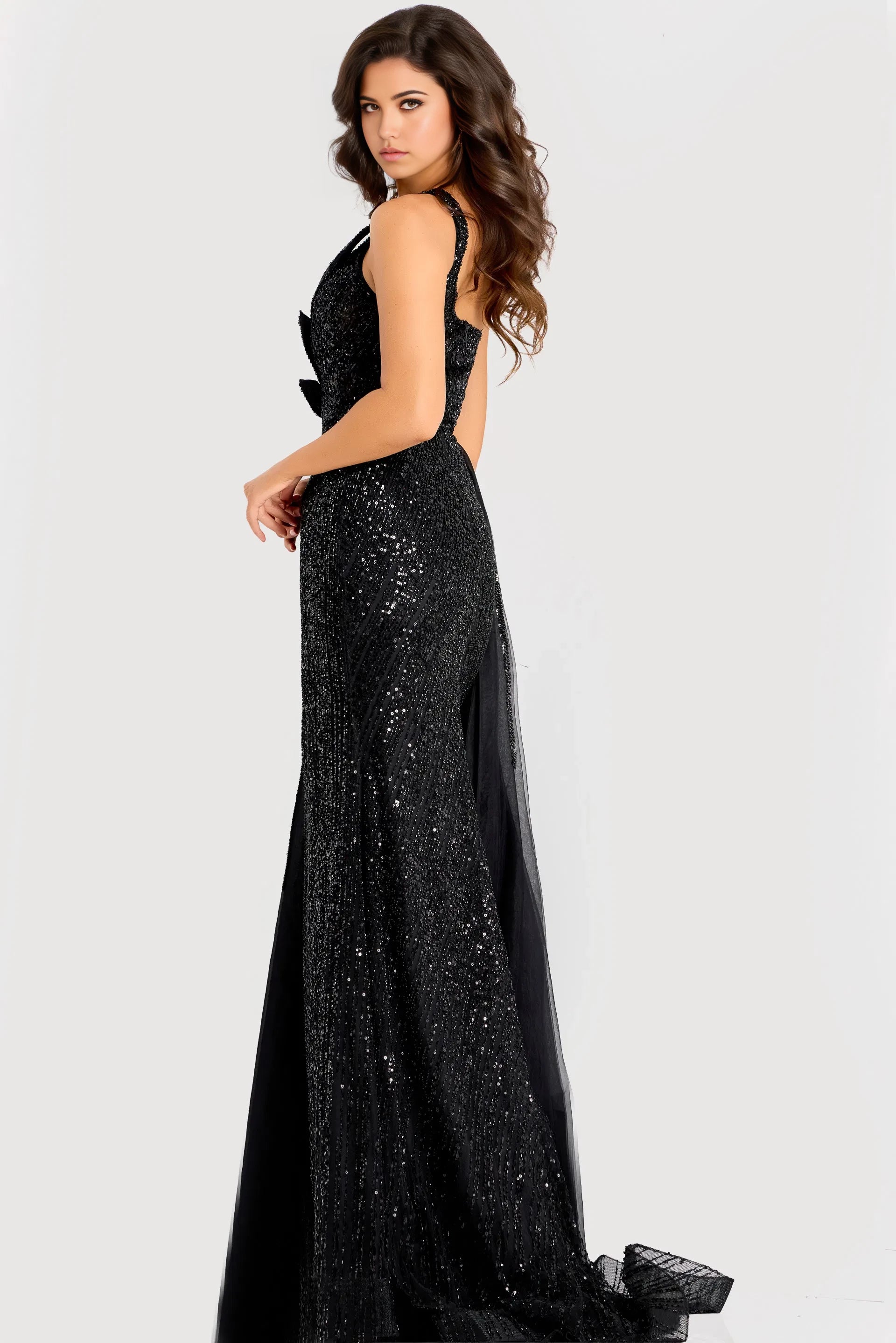 Glamorous Mermaid Asymmetric Neck Sequin-Accent Draped Long Length Evening Dresses
