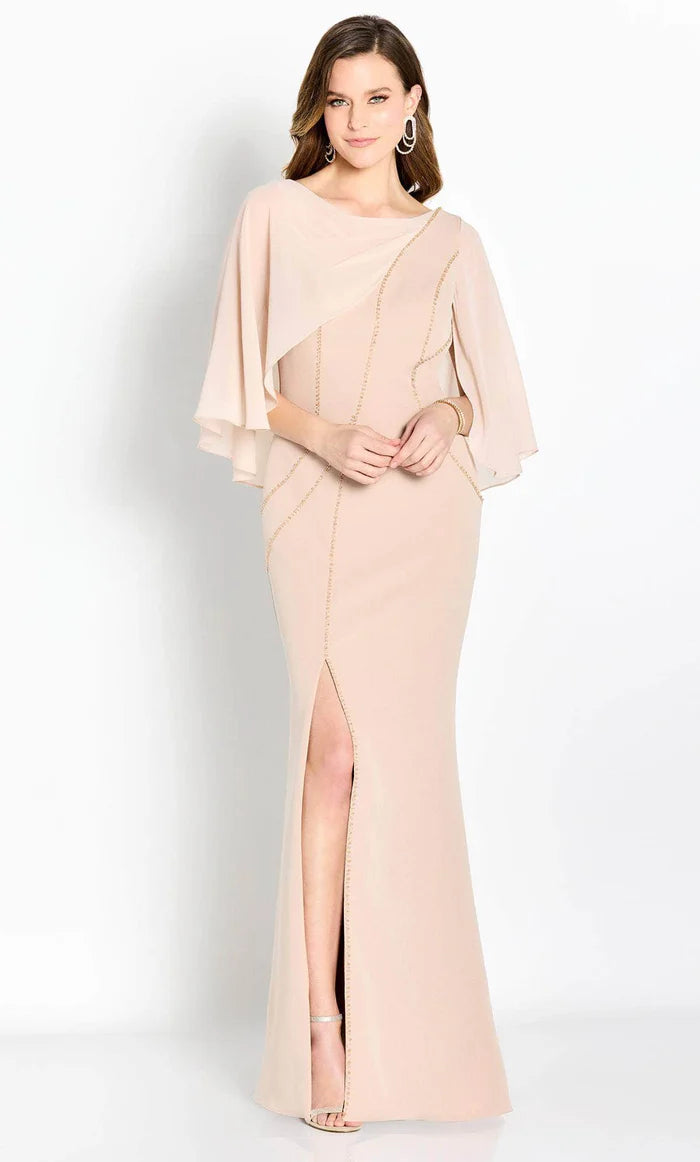 Glamorous Mermaid Boat-Neck Cape-Sleeve V-Back Blush Chiffon Beaded-Trim Floor-Length Mother of the Bride Dresses