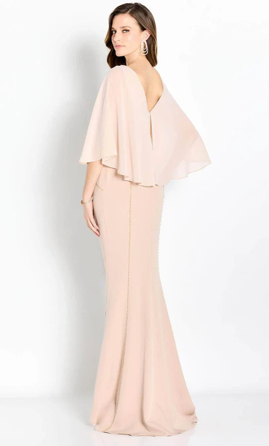 Glamorous Mermaid Boat-Neck Cape-Sleeve V-Back Blush Chiffon Beaded-Trim Floor-Length Mother of the Bride Dresses