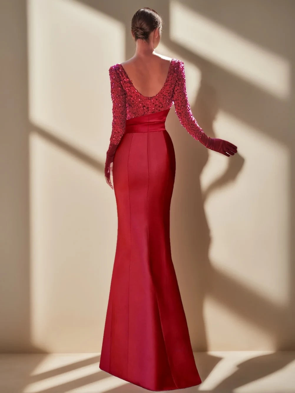 Glamorous Mermaid Boat - Neck Long - Sleeve Open - Back Floor - Length Evening Gown