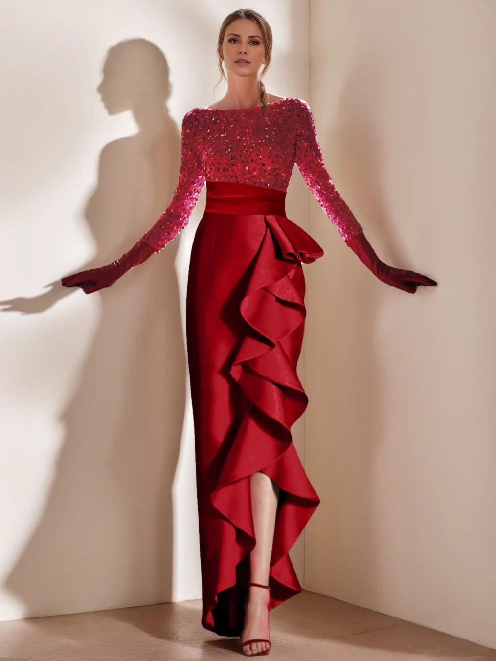 Glamorous Mermaid Boat - Neck Long - Sleeve Open - Back Floor - Length Evening Gown