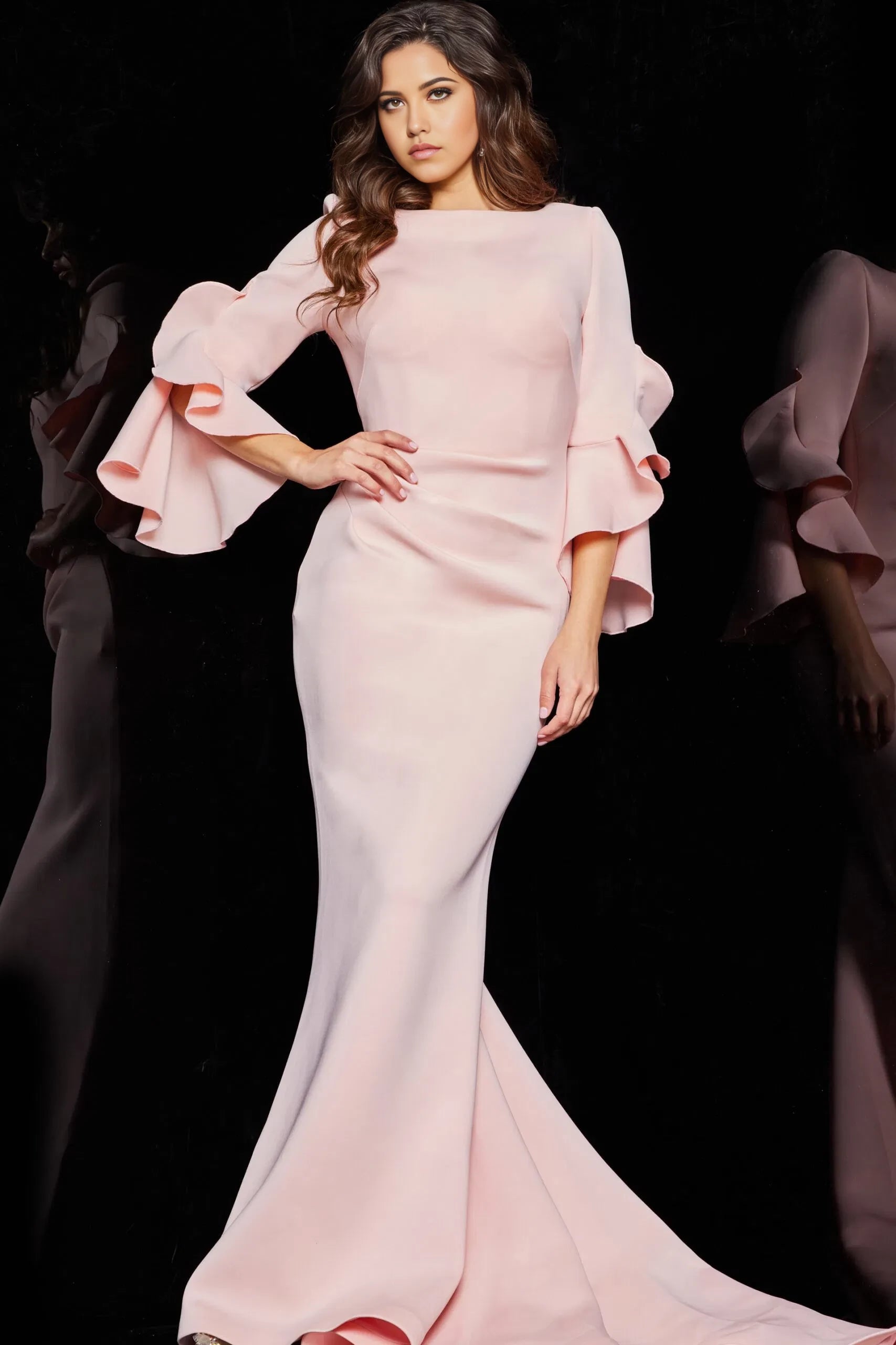 Glamorous Mermaid Boat-Neck Ruffled-Bell-Sleeve Long Length Evening Dresses