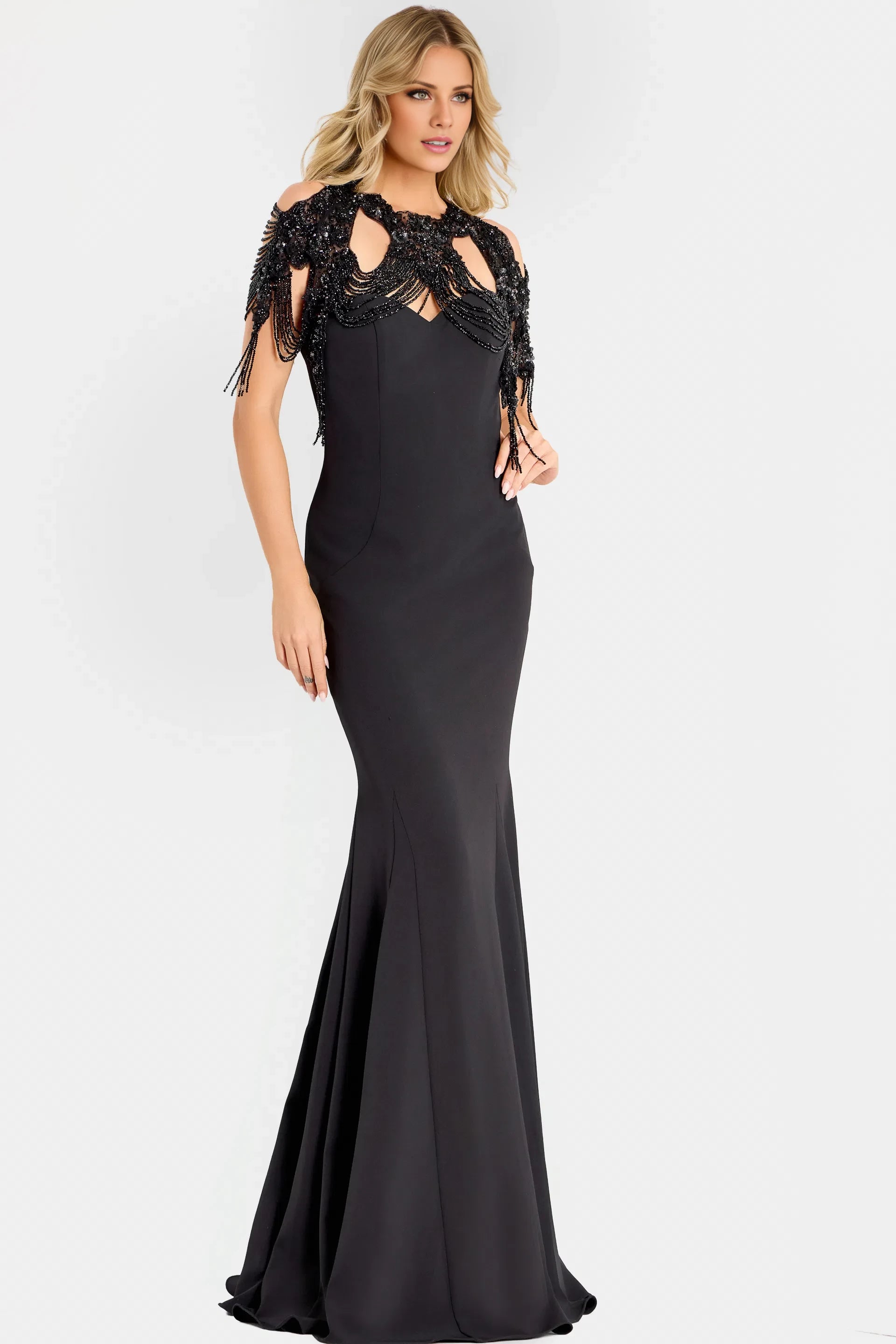 Glamorous Mermaid Cold-Shoulder Beaded-Fringe Long Length Evening Dresses