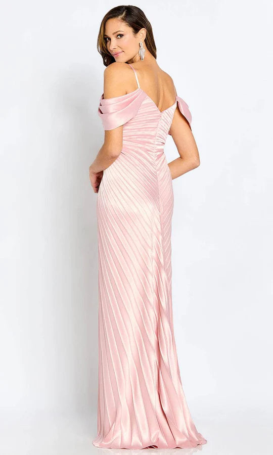 Glamorous Mermaid Cold-Shoulder Ruffle-Sleeve Pleated-Bodice-Back Blush Satin Floor-Length Mother of the Bride Dresses