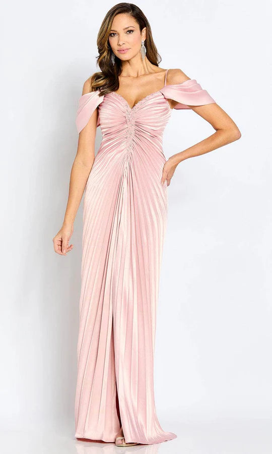 Glamorous Mermaid Cold-Shoulder Ruffle-Sleeve Pleated-Bodice-Back Blush Satin Floor-Length Mother of the Bride Dresses