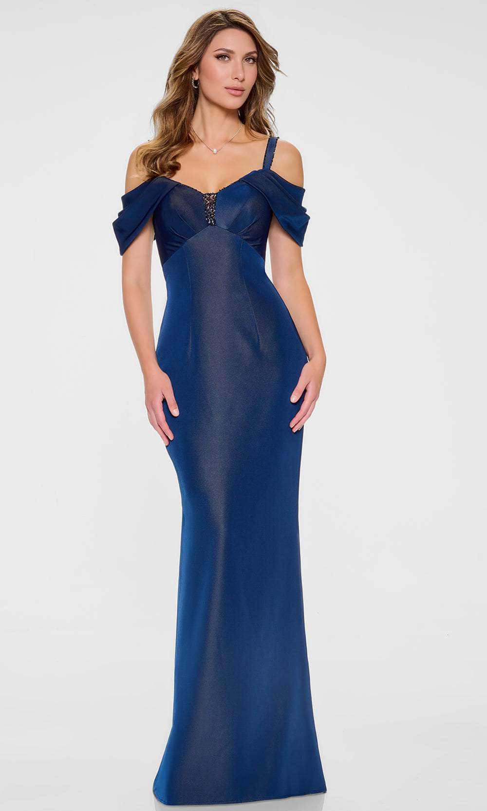 Glamorous Mermaid Cold-Shoulder Ruffle-Strap Beaded-Accent-Back Navy Satin Floor-Length Mother of the Bride Dresses
