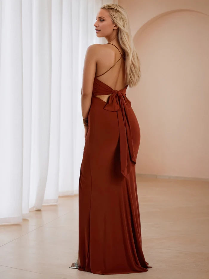 Glamorous Mermaid Cowl Neck Sleeveless Bow - Back Long Length Prom Dresses