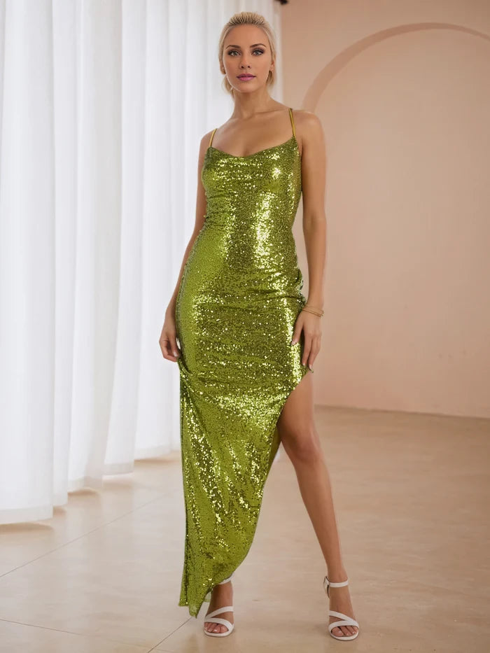 Glamorous Mermaid Cowl Neck Sleeveless Criss - Cross Back Long Length Prom Dresses
