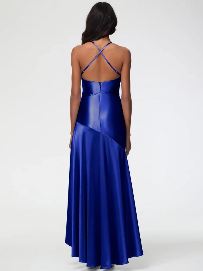 Glamorous Mermaid Cowl Neck Sleeveless Crisscross Back High - Low Length Prom Dresses