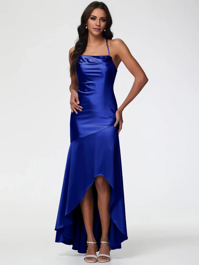 Glamorous Mermaid Cowl Neck Sleeveless Crisscross Back High - Low Length Prom Dresses