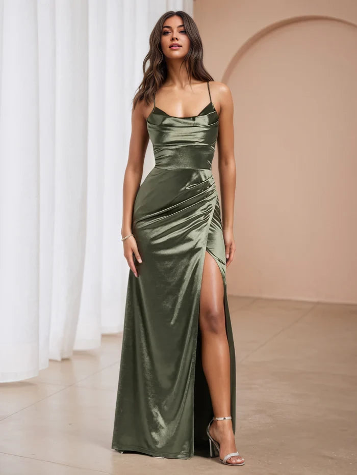 Glamorous Mermaid Cowl Neck Sleeveless Lace Up Back Floor Length Prom Dresses