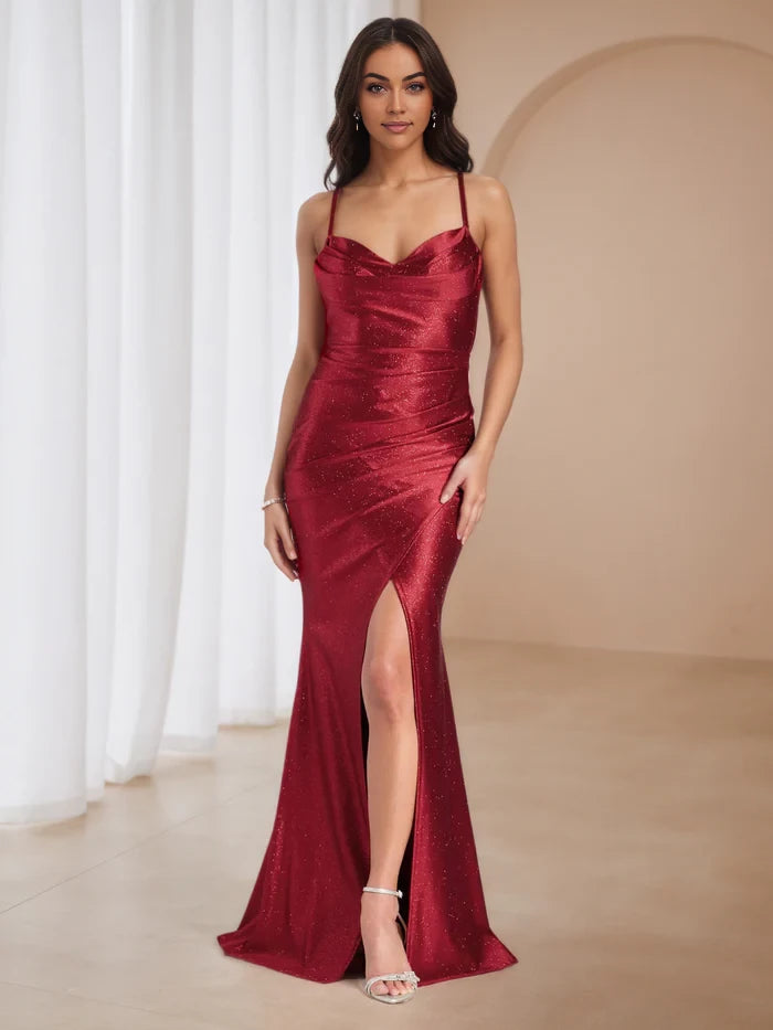 Glamorous Mermaid Cowl Neck Sleeveless Lace - Up Back Floor Length Prom Dresses