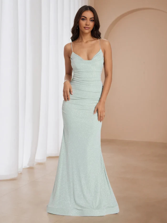 Glamorous Mermaid Cowl Neck Sleeveless Lace - Up Back Floor Length Prom Dresses