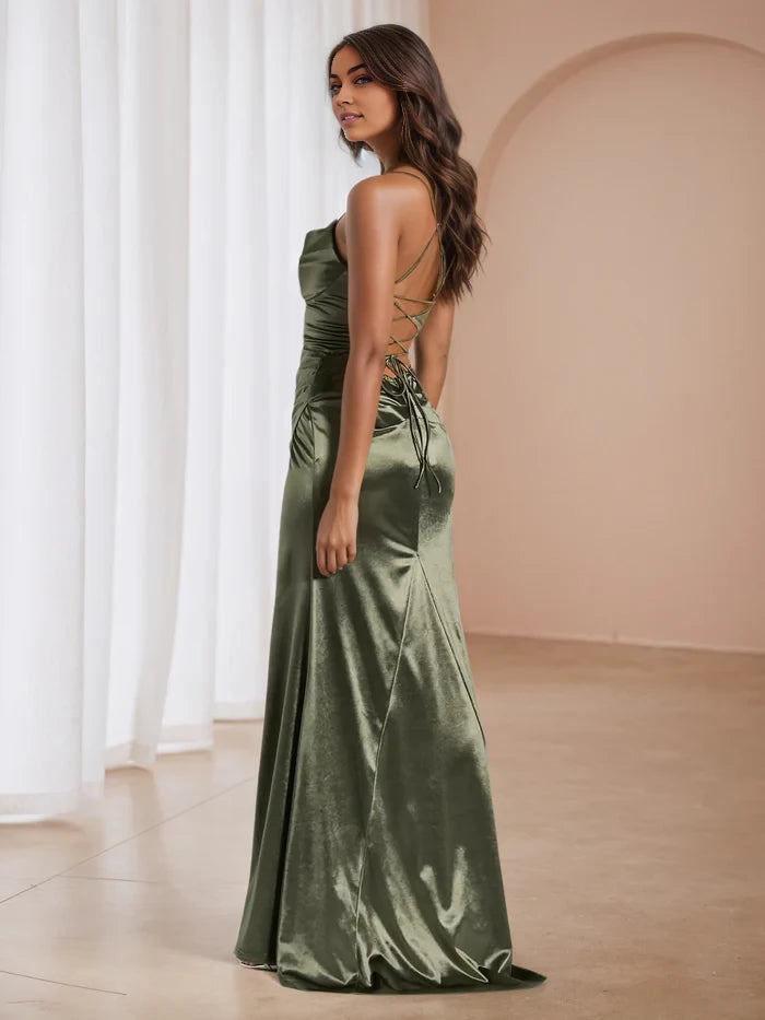Glamorous Mermaid Cowl Neck Sleeveless Lace Up Back Floor Length Prom Dresses