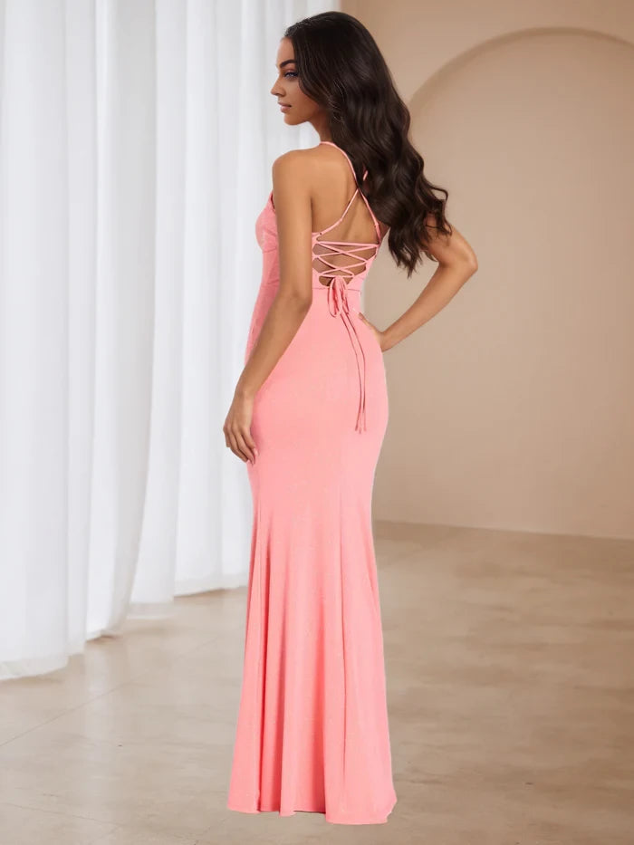 Glamorous Mermaid Cowl Neck Sleeveless Lace - Up Back Floor Length Prom Dresses