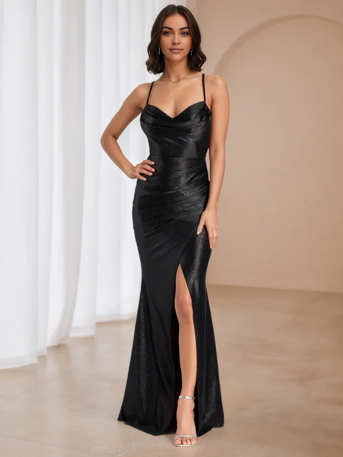 Glamorous Mermaid Cowl Neck Sleeveless Open Back Floor Length Prom Dresses