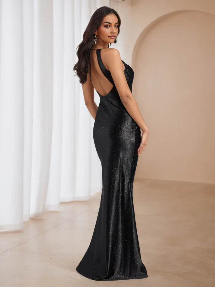 Glamorous Mermaid Cowl Neck Sleeveless Open Back Floor Length Prom Dresses