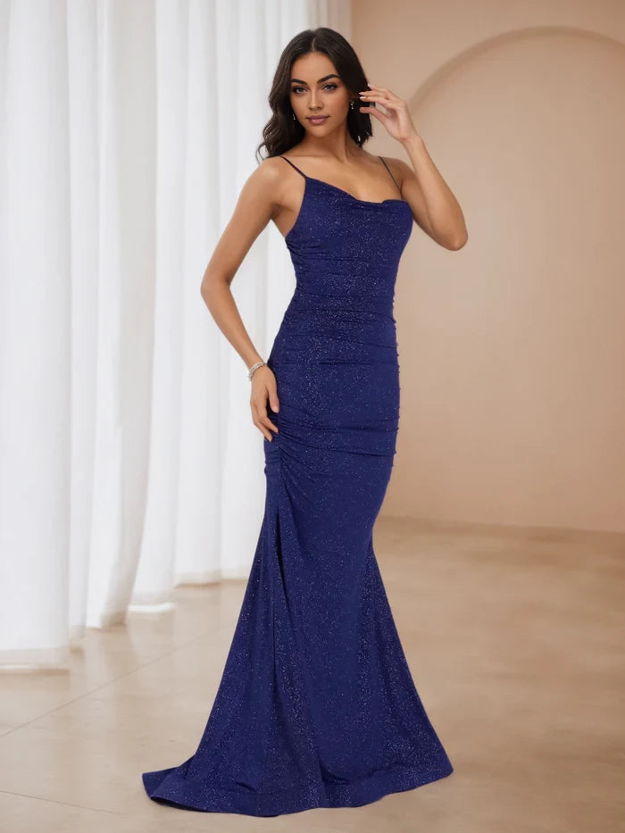 Glamorous Mermaid Cowl Neck Sleeveless Plain Back Floor Length Prom Dresses