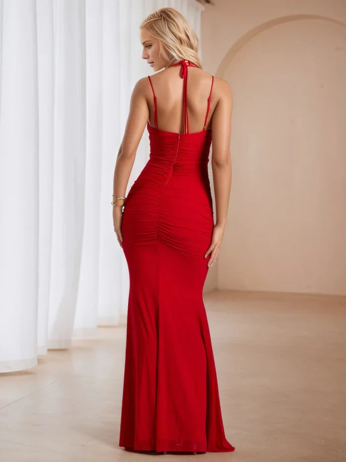 Glamorous Mermaid Cowl Neck Sleeveless Tie - Back Long Length Prom Dresses