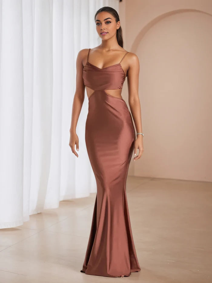 Glamorous Mermaid Cowl Neck Spaghetti Strap Cut - Out Back Long Length Prom Dresses