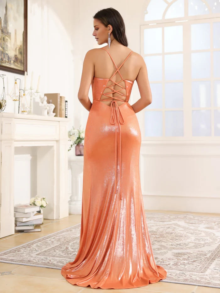 Glamorous Mermaid Cowl Neck Spaghetti Strap Lace - Up Back Long Length Prom Dresses