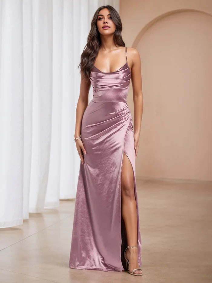 Glamorous Mermaid Cowl Neck Spaghetti Strap Lace - Up Back Long Length Prom Dresses